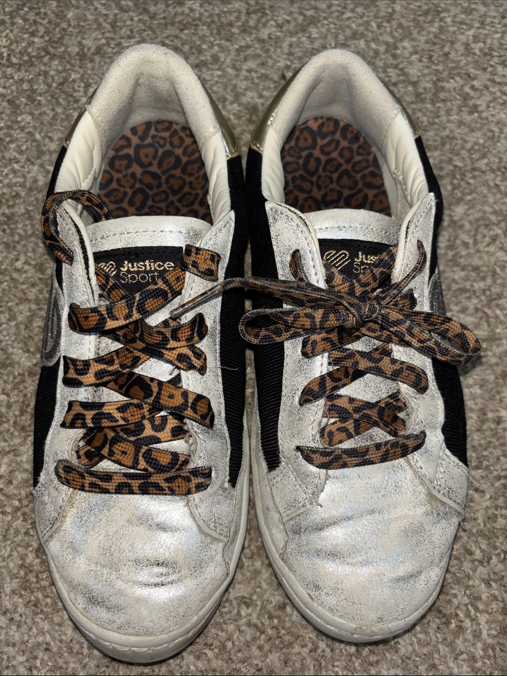 Justice Kids White Black Sneakers with Leopard Print Laces
